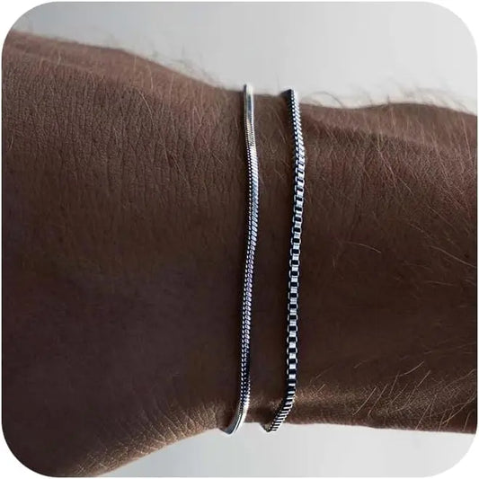 Layered Silver Bracelet Set for Men, 2mm Snake & Box Chain Bracelets, Adjustable 6.5–9 Inch Jewelry Gift