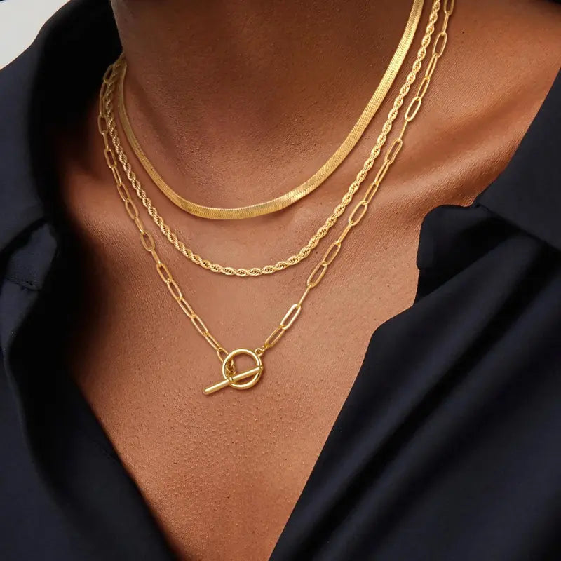 Layered Toggle Necklace for Women, Paperclip Cuban & Rope Chain Choker, T-Bar Clasp Statement Jewelry