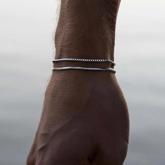Layered Silver Bracelet Set for Men, 2mm Snake & Box Chain Bracelets, Adjustable 6.5–9 Inch Jewelry Gift