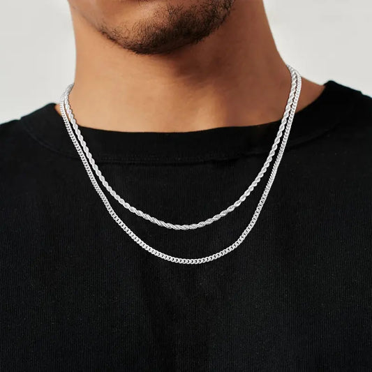 2PCS Layered Chain Necklace Set for Men, 3mm Cuban Link & Rope Chain, Adjustable 18–28 Inch Jewelry Gift