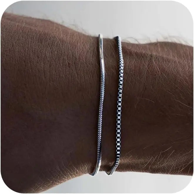 Layered Silver Bracelet Set for Men, 2mm Snake & Box Chain Bracelets, Adjustable 6.5–9 Inch Jewelry Gift