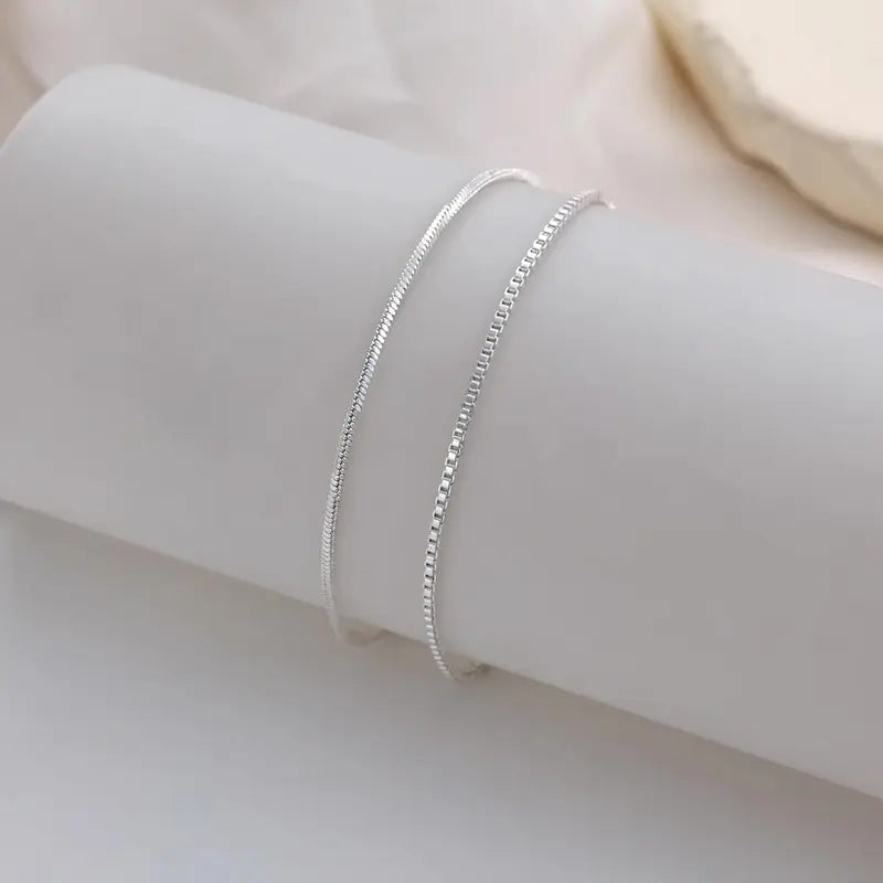 Layered Silver Bracelet Set for Men, 2mm Snake & Box Chain Bracelets, Adjustable 6.5–9 Inch Jewelry Gift