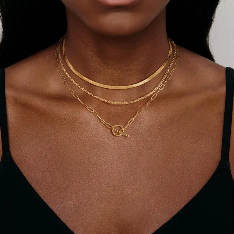 Layered Toggle Necklace for Women, Paperclip Cuban & Rope Chain Choker, T-Bar Clasp Statement Jewelry