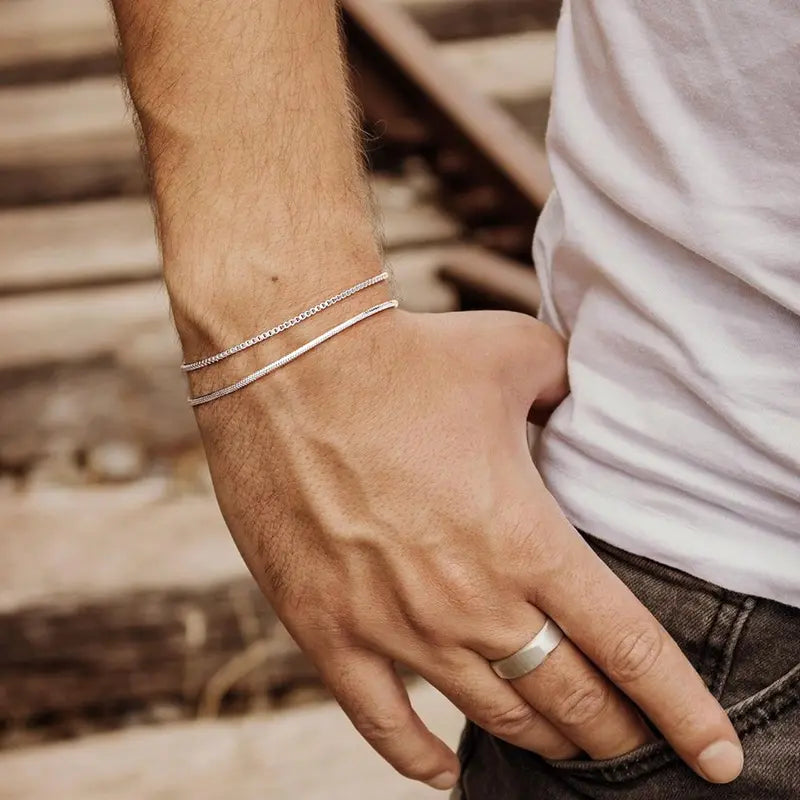 Layered Silver Bracelet Set for Men, 2mm Snake & Box Chain Bracelets, Adjustable 6.5–9 Inch Jewelry Gift