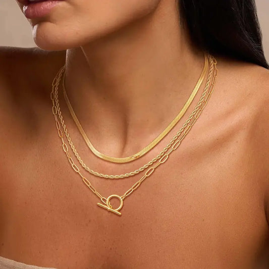 Layered Toggle Necklace for Women, Paperclip Cuban & Rope Chain Choker, T-Bar Clasp Statement Jewelry