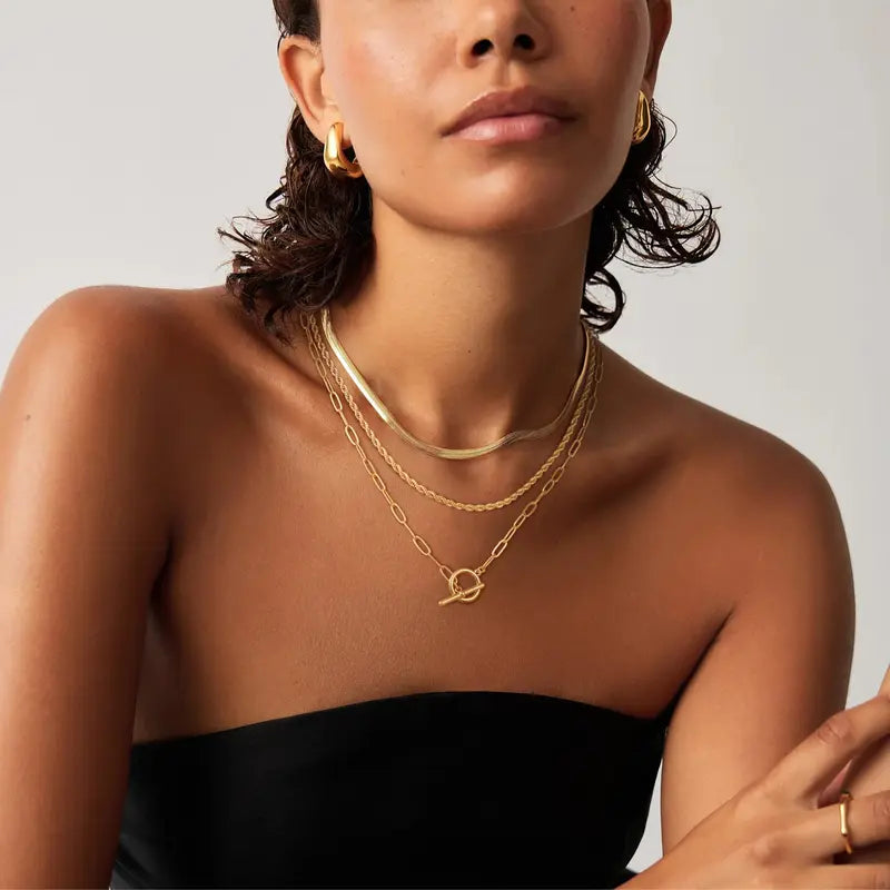Layered Toggle Necklace for Women, Paperclip Cuban & Rope Chain Choker, T-Bar Clasp Statement Jewelry