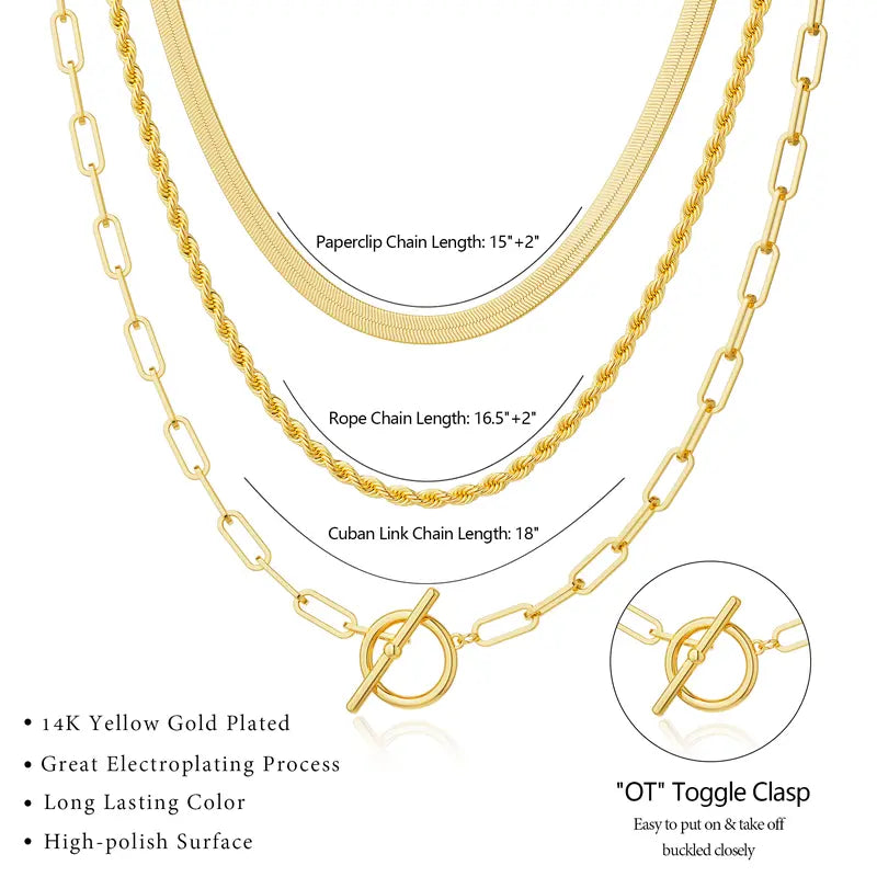 Layered Toggle Necklace for Women, Paperclip Cuban & Rope Chain Choker, T-Bar Clasp Statement Jewelry