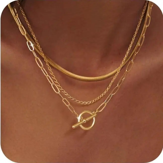 Layered Toggle Necklace for Women, Paperclip Cuban & Rope Chain Choker, T-Bar Clasp Statement Jewelry
