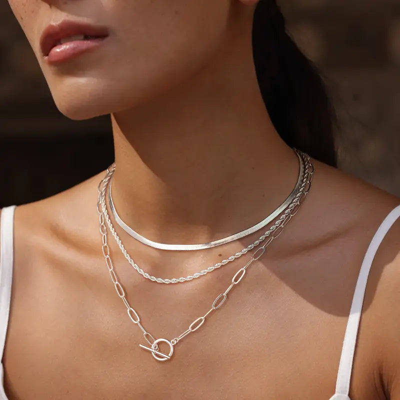 Layered Toggle Necklace for Women, Paperclip Cuban & Rope Chain Choker, T-Bar Clasp Statement Jewelry