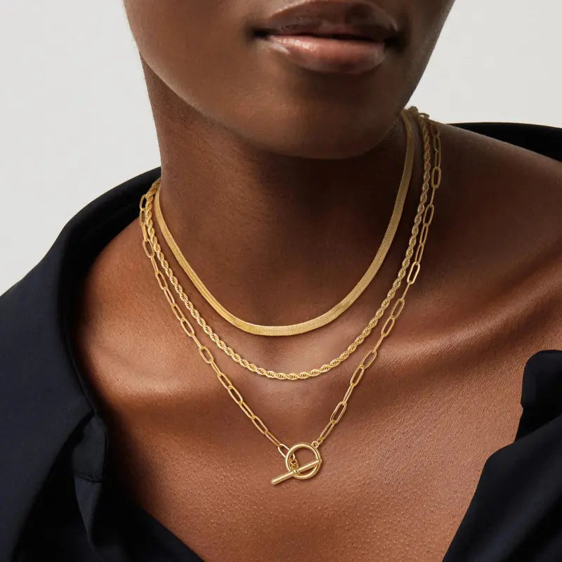 Layered Toggle Necklace for Women, Paperclip Cuban & Rope Chain Choker, T-Bar Clasp Statement Jewelry